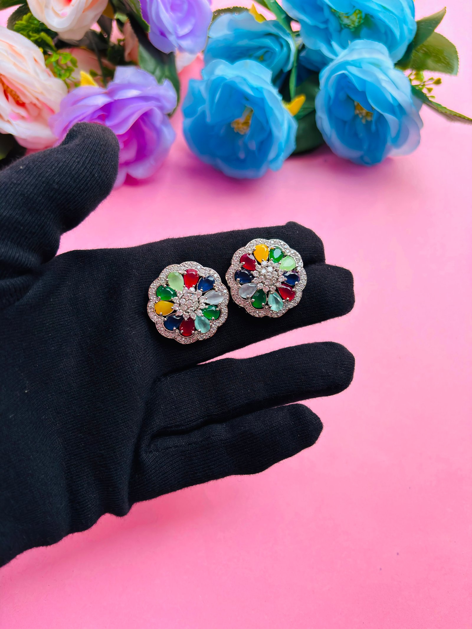 Multicolor Floral Stud Earrings For Women - Image 3