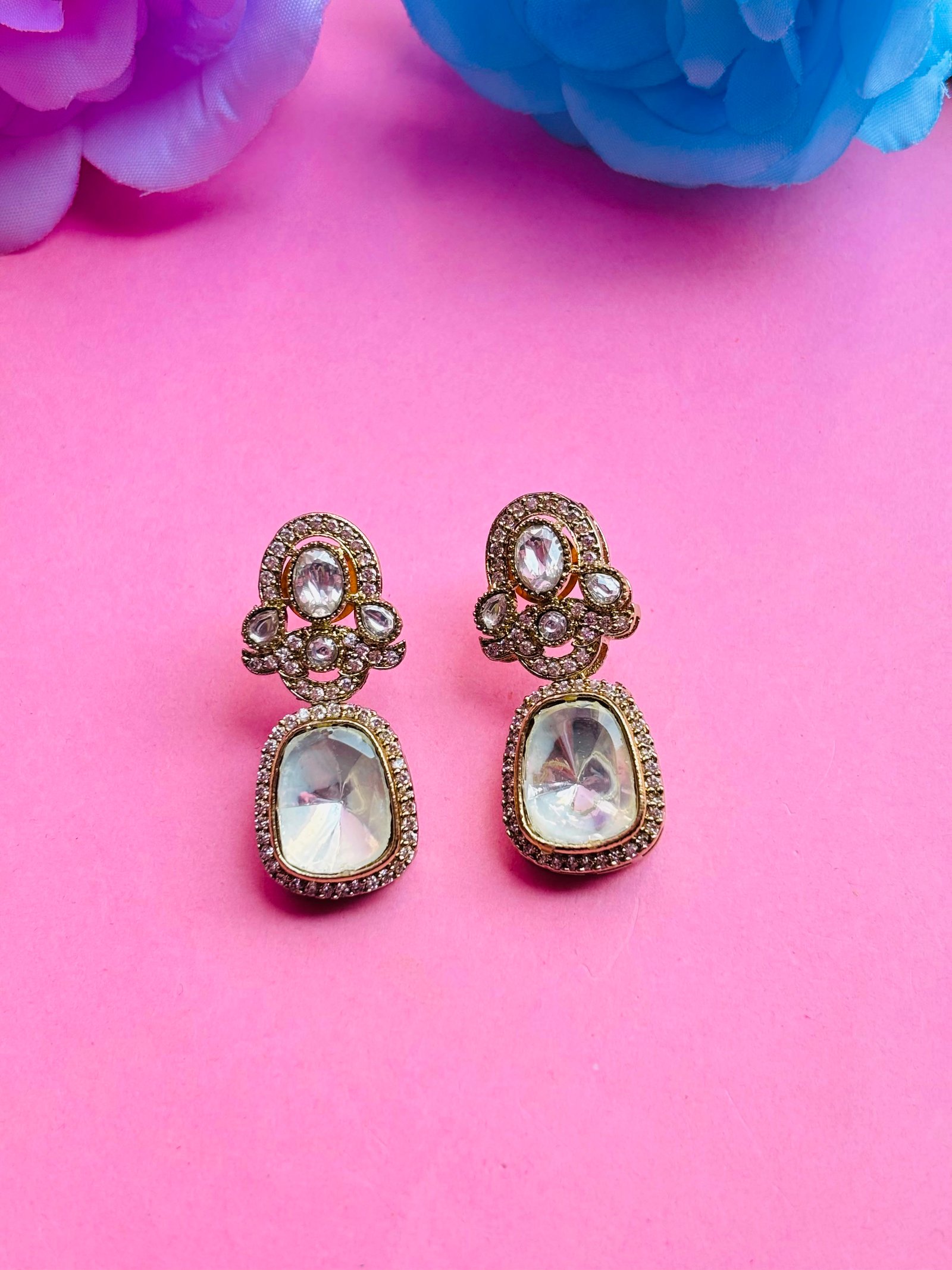 Antique Gold Drop Earrings With Crystal Stone - Image 4