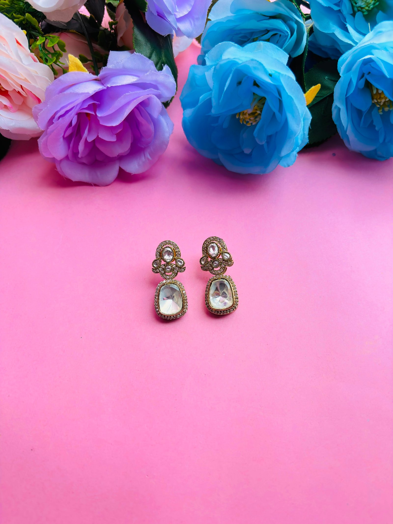 Antique Gold Drop Earrings With Crystal Stone - Image 2