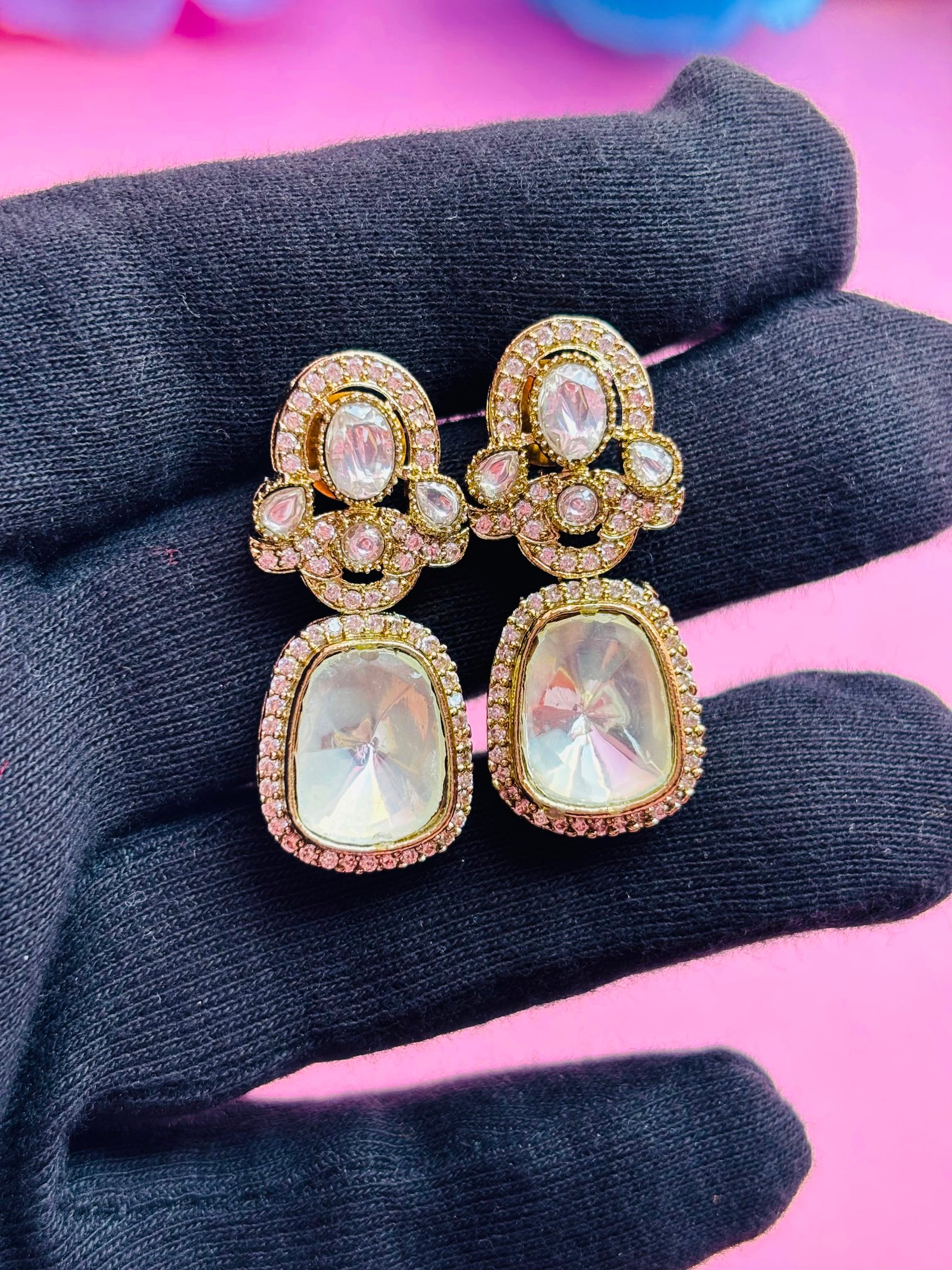 Antique Gold Drop Earrings With Crystal Stone - Image 5