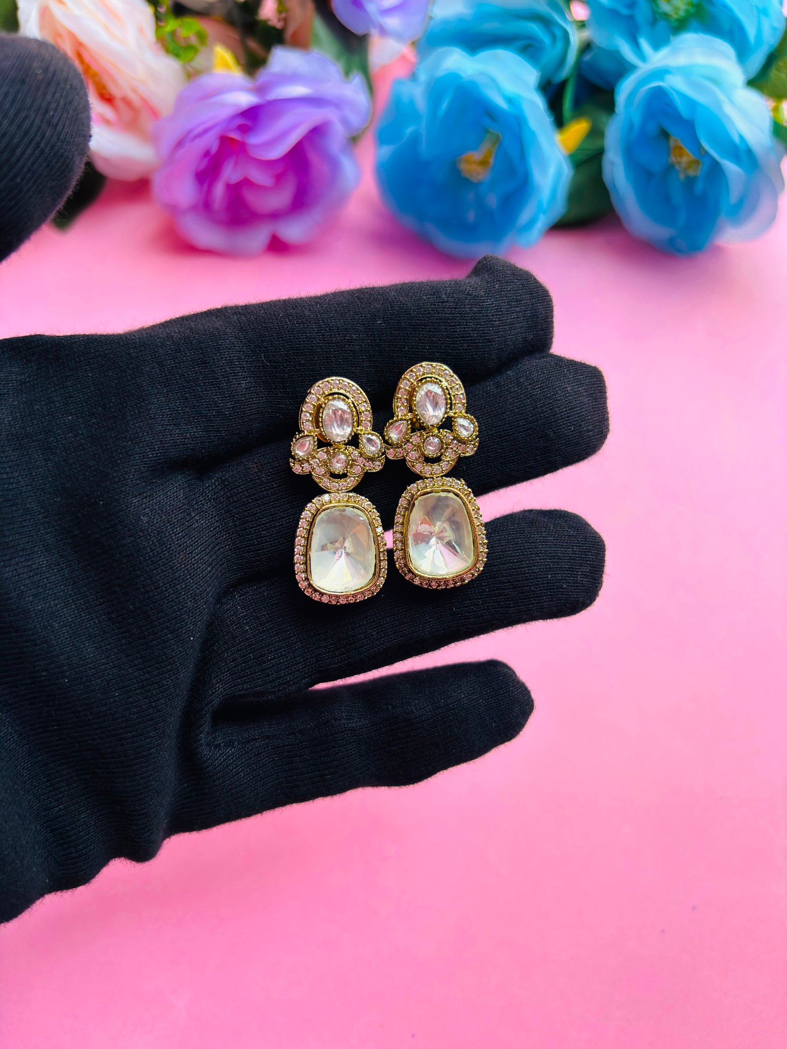 Antique Gold Drop Earrings With Crystal Stone - Image 3