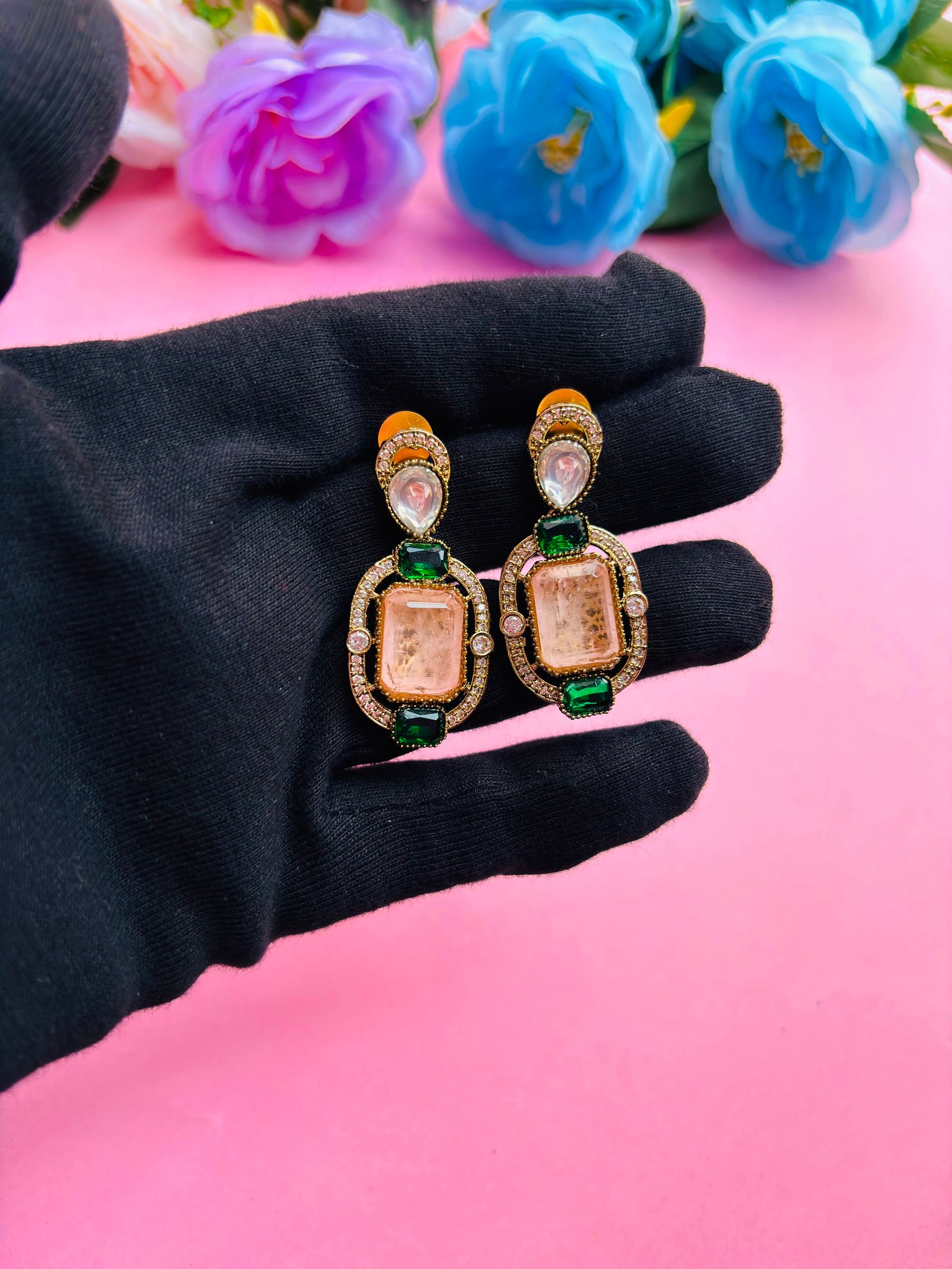 Antique Gold Drop Earrings With Peach And Green Stones - Image 2