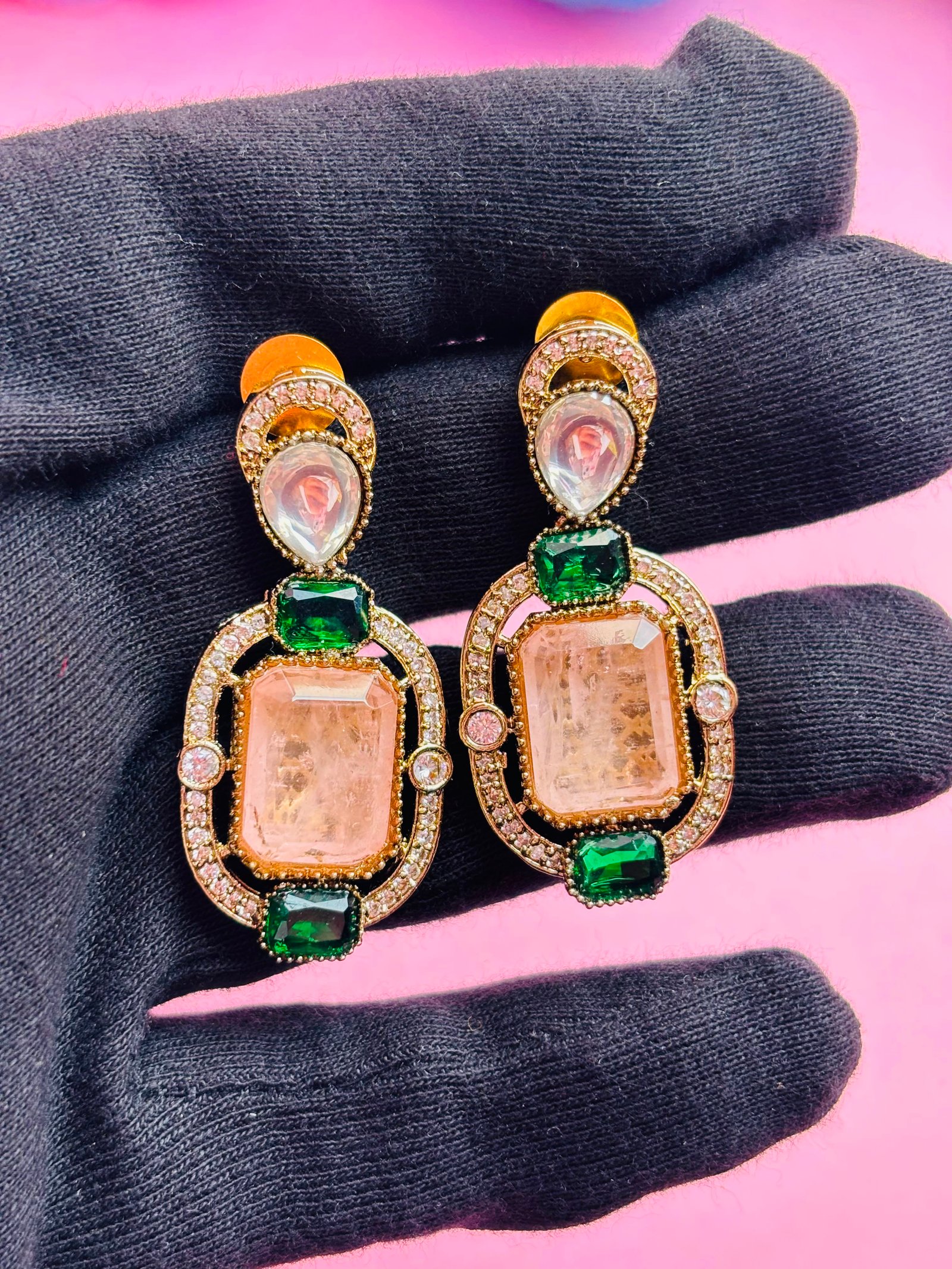 Antique Gold Drop Earrings With Peach And Green Stones - Image 4