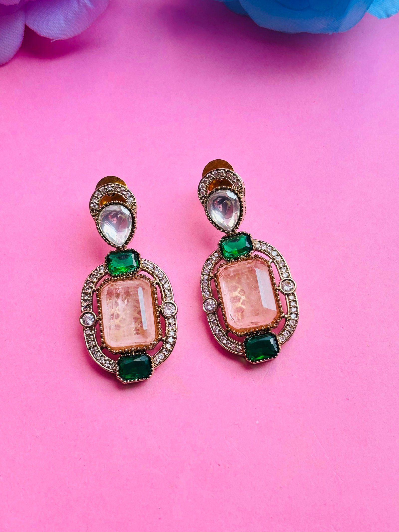 Antique Gold Drop Earrings With Peach And Green Stones - Image 3