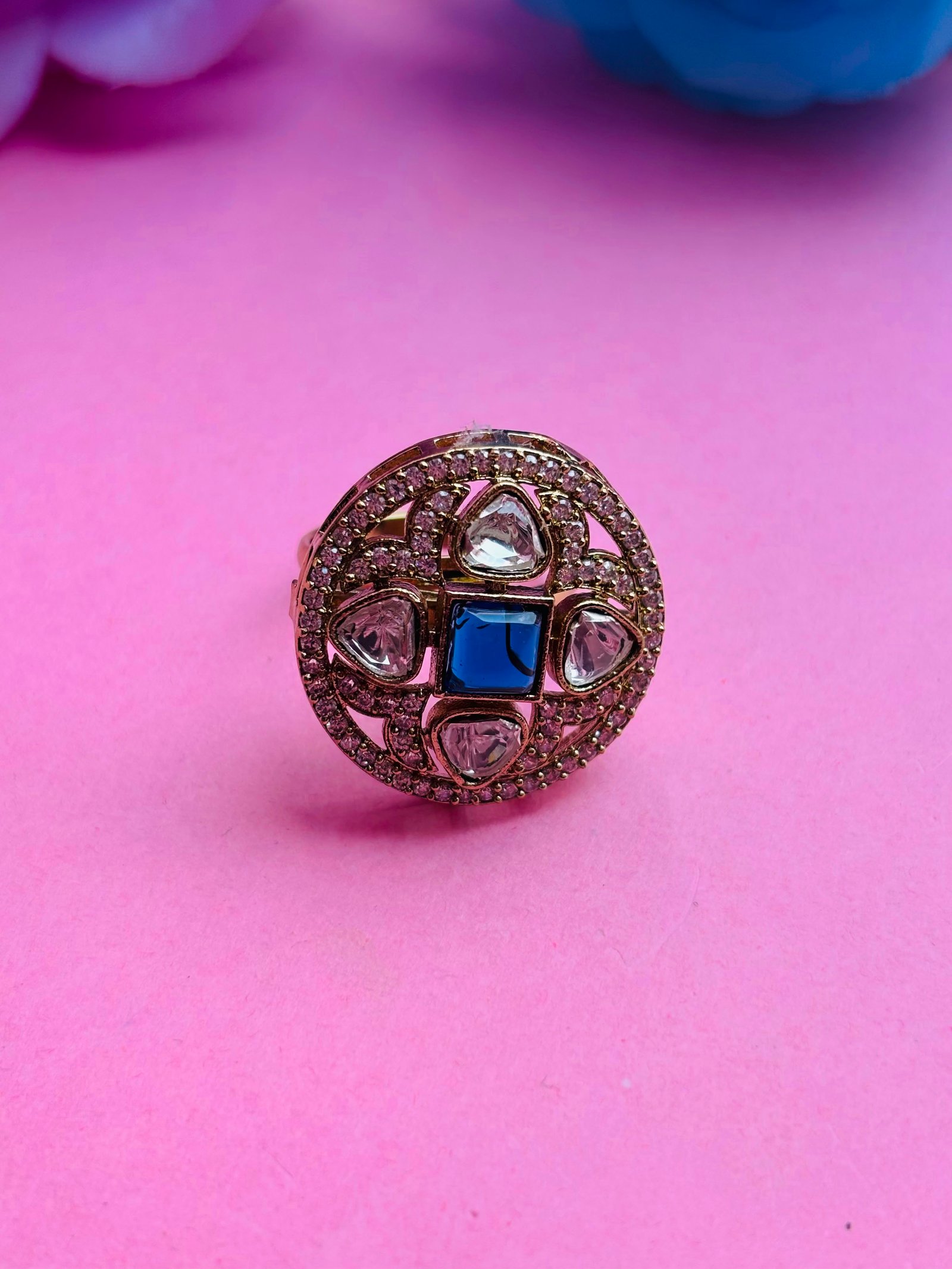 AD Adjustable Ring With Blue Stone For Women - Image 4