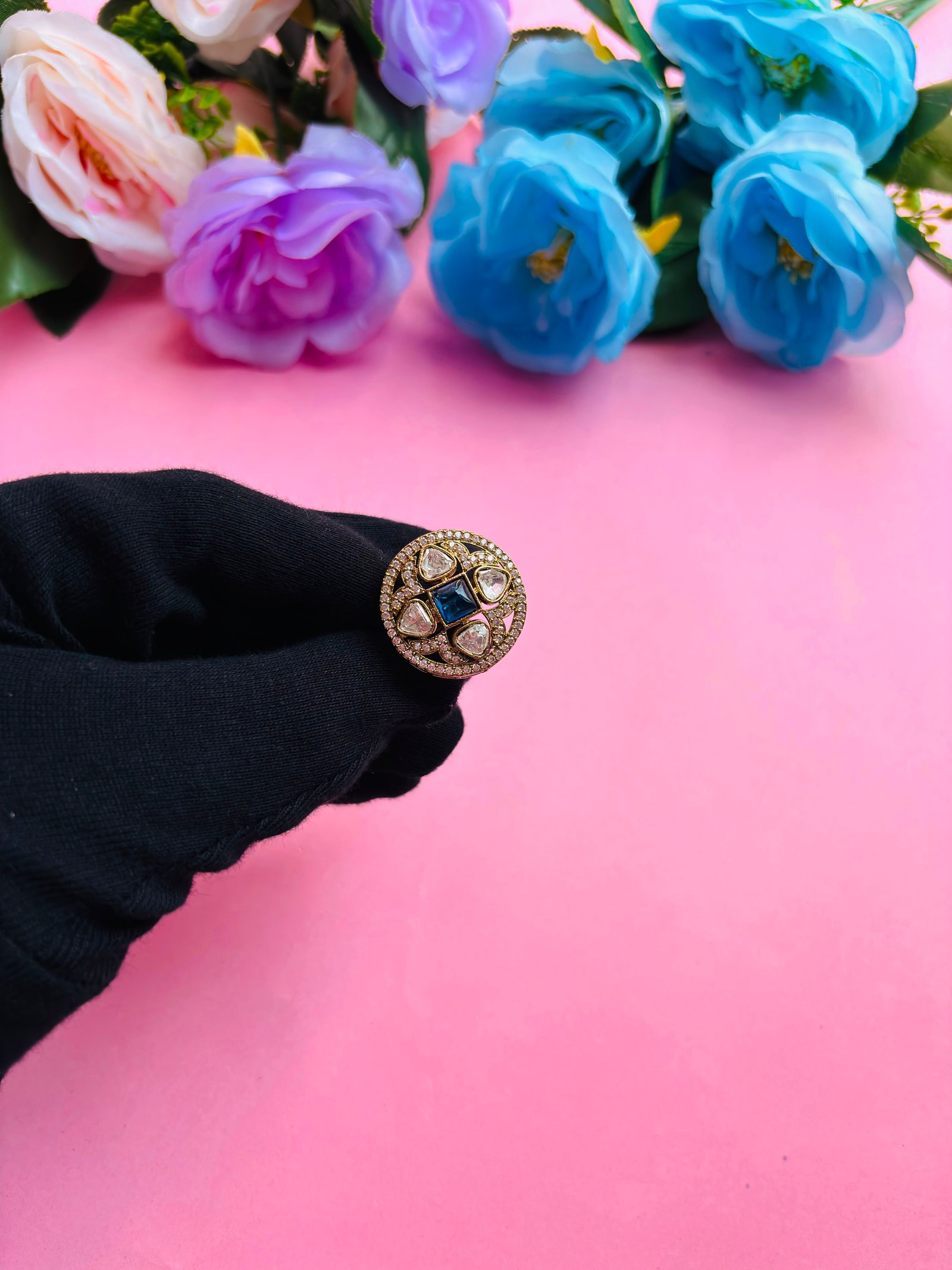 AD Adjustable Ring With Blue Stone For Women - Image 3