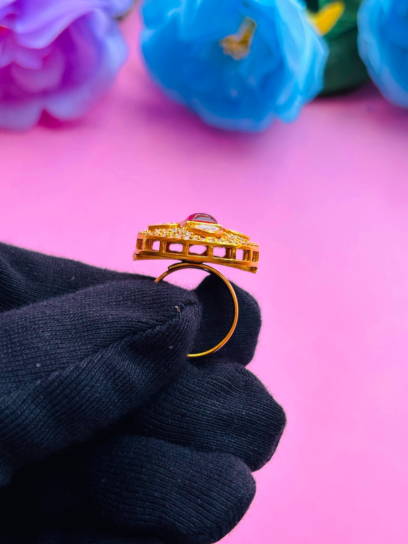AD Adjustable Ring With Ruby Red Stone For Women - Image 6