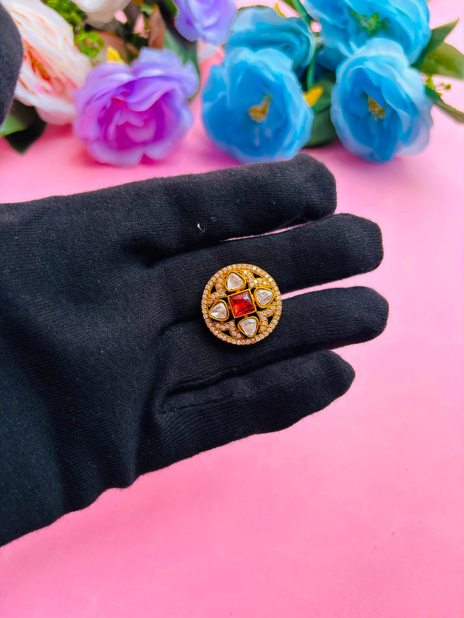 AD Adjustable Ring With Ruby Red Stone For Women - Image 3