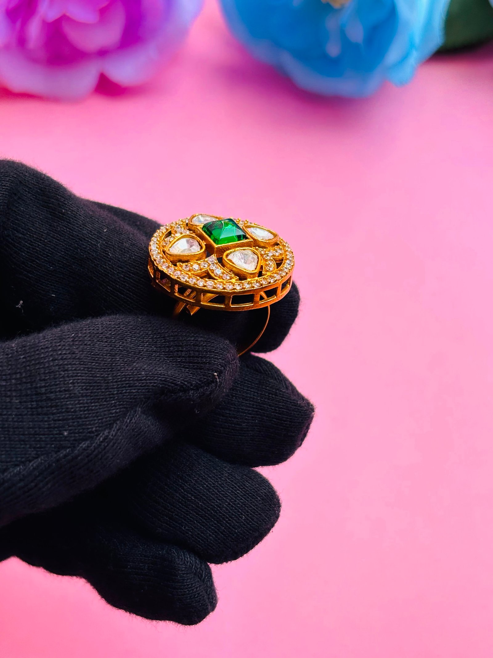AD Adjustable Ring With Green Stone For Women - Image 6