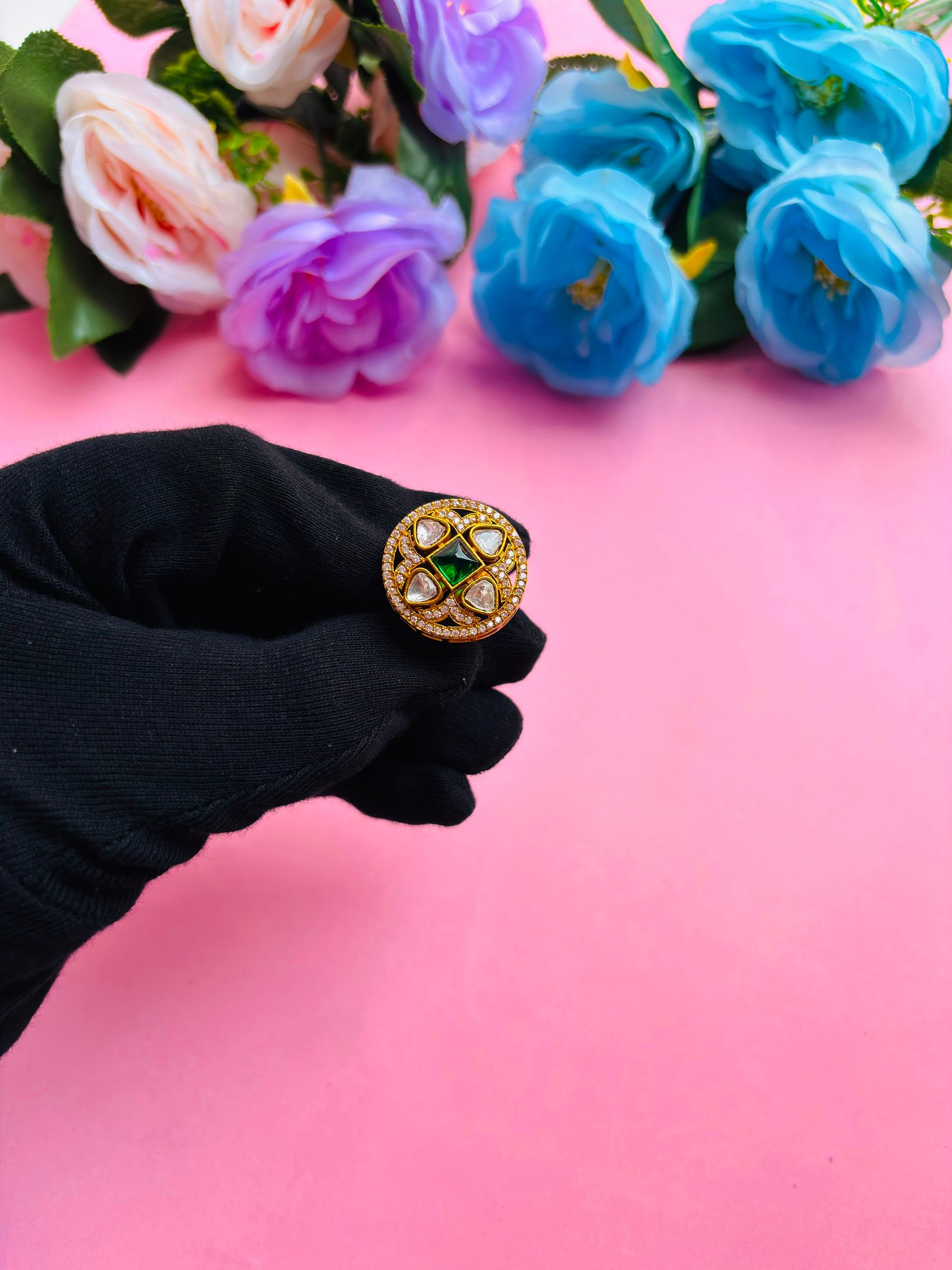 AD Adjustable Ring With Green Stone For Women - Image 3