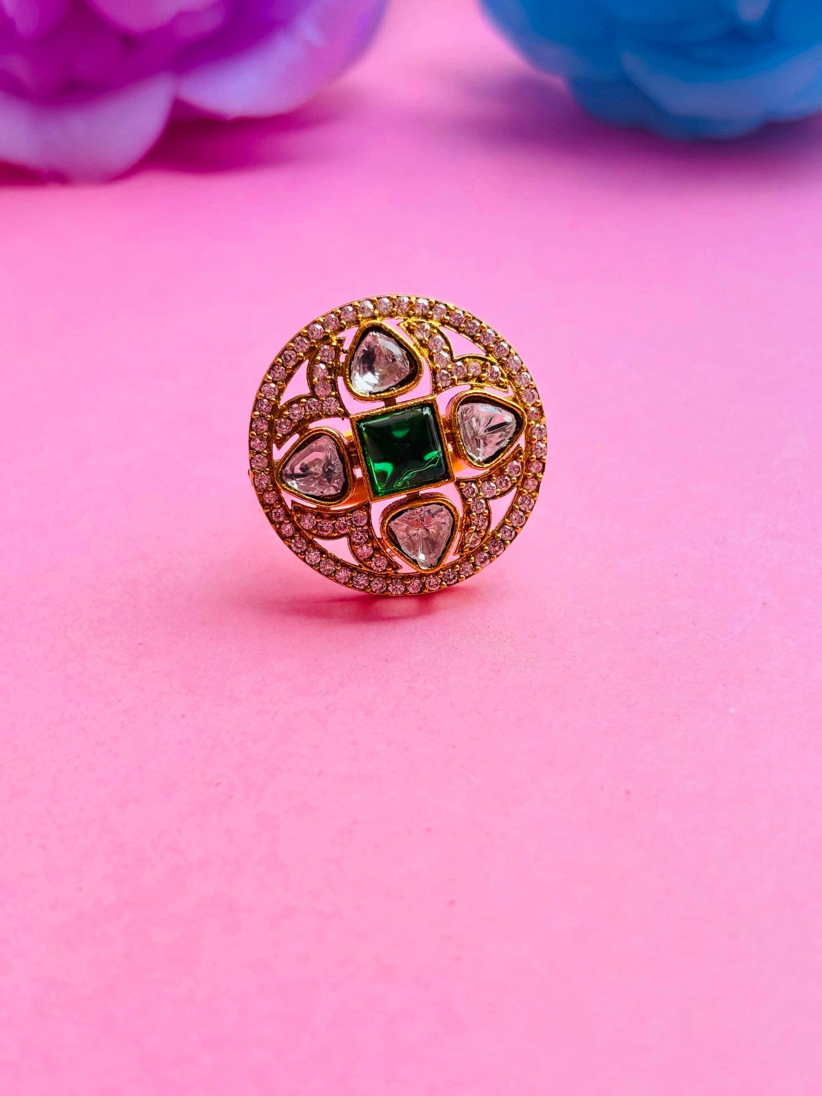 AD Adjustable Ring With Green Stone For Women - Image 4